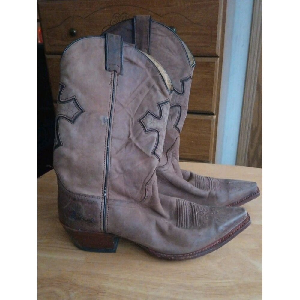 Sonora Distressed Dark Brown Suede Cowboy Boho Boots Inlay Crosses Women's 10 B